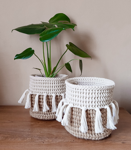 Koszyk, osłonka na doniczkę boho - naturalny