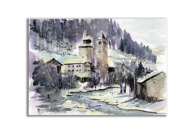 Akwarela ręcznie malowana Zima w Livigno