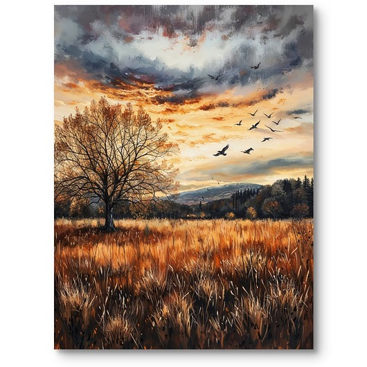 Obraz na płótnie jesienny krajobraz z drzewem i ptakami do salonu pomarańczow