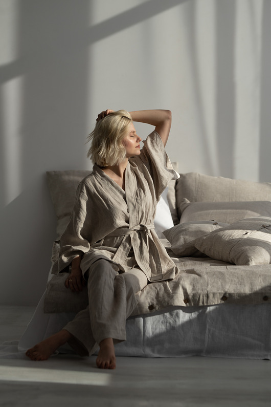 Beżowe lniane kimono (melanż)