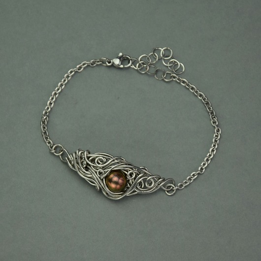 Bransoletka z brązową perłą, wire wrapping perła