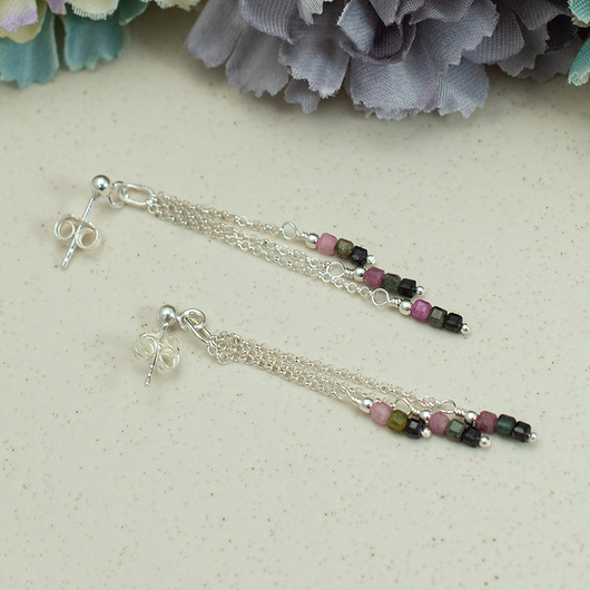 Turmaliny i srebro 925 - długie delikatne klasyczne kolczyki