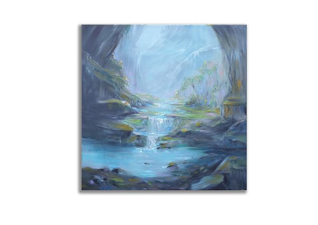 Obraz olejny 50x50 cm Wodospad Pejzaż górski oryginalny autorski