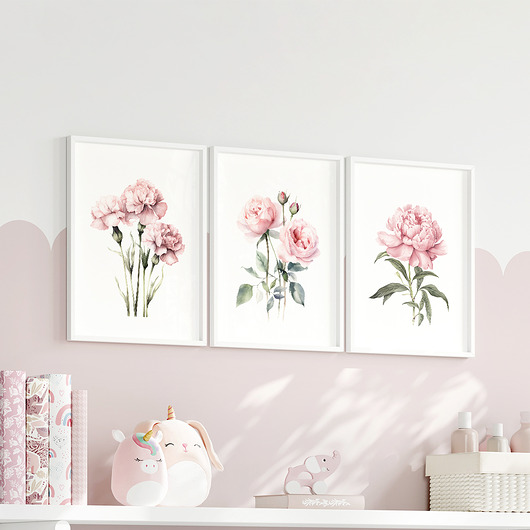 Pastelowe Różowe Kwiaty - Zestaw trzech grafik botanicznych