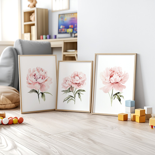 Pastelowe Różowe Piwonie - Zestaw trzech grafik botanicznych