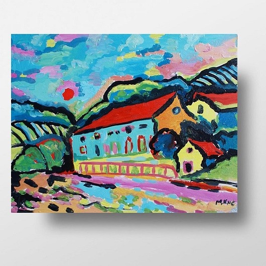 Kolorowy obraz ręcznie malowany do salonu pejzaż wioska ekspresjonizm