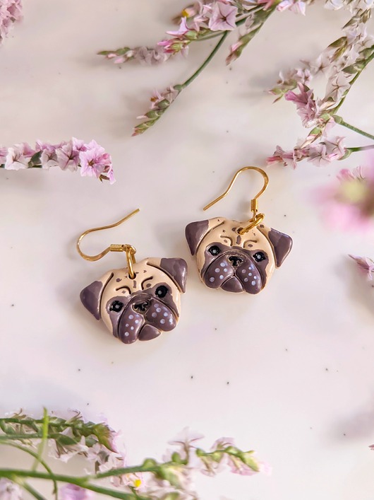 Kolczyki pieski mopsy z psim motywem dla miłośnika psów, pies mops