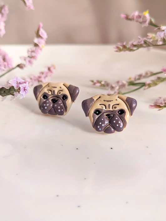 Kolczyki pieski mopsy z wizerunkiem mopsa, pies mops biżuteria z mopsem