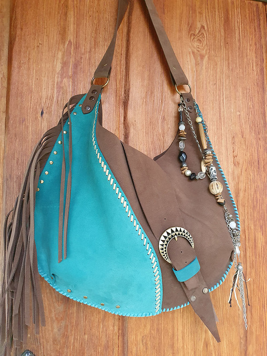 Skórzana torba boho, brąz i turkus