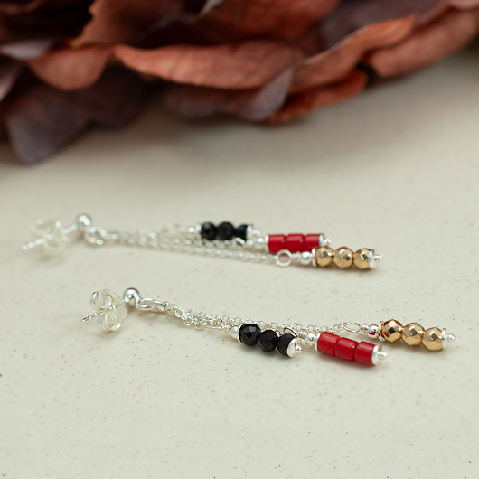 Srebro 925 koral, turmalin i hematyt - długie kolczyki czarno czerwono złote