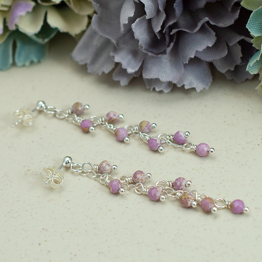 Fosfosyderyt i srebro 925 - długie fioletowe kolczyki gronka