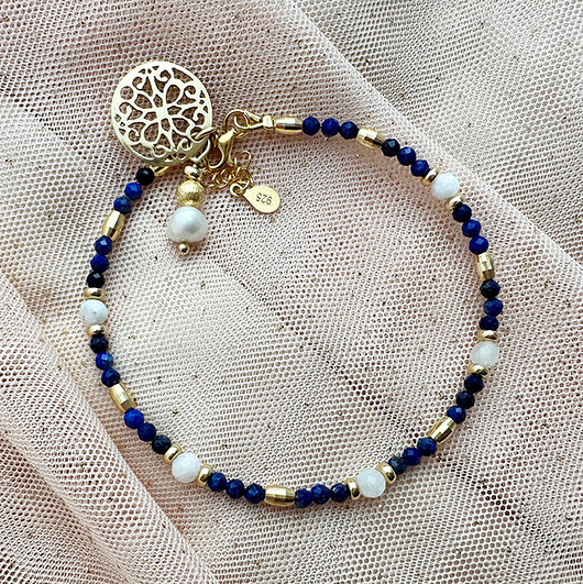 Bransoletka z lapis lazuli , granatowa bransoleta z perłą i rozetą