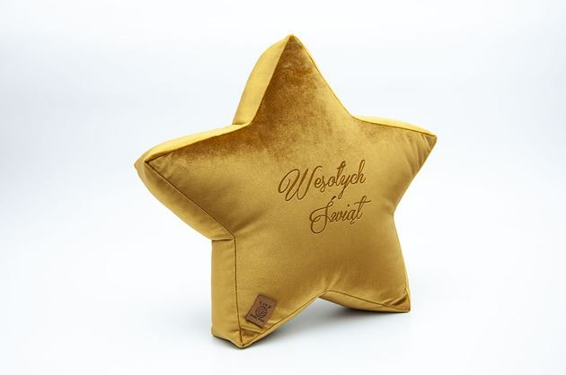 Poduszka gwiazdka, gwiazda velvetowa - złota grawer Wesołych Świąt