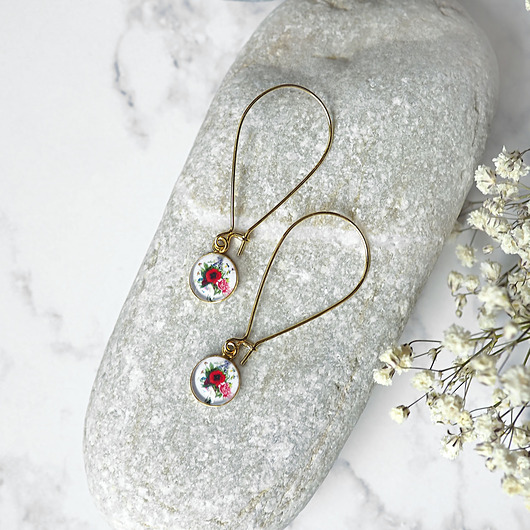 ARTYSTYCZNE KOLCZYKI srebro pozłacane i kwiatuszki w szkle