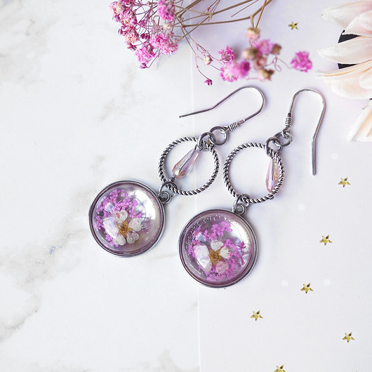 PINK FLOWERS - urocze kolczyki srebrne z prawdziwymi kwiatuszkami