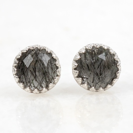 Kolczyki srebrne sztyfty Mignon z kwarcem z czarnym turmalinem