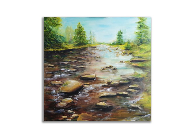 Obraz olejny ręcznie malowany 80x80 Izerka góry pejzaż
