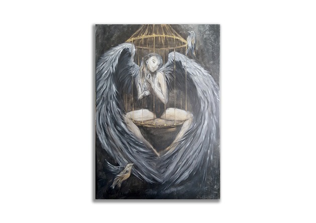 Obraz ręcznie malowany autorski 50x70 Anioł skrzydła ptaki