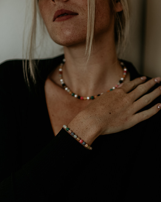 Komplet naszyjnik i bransoletka kolorowy agat i perły