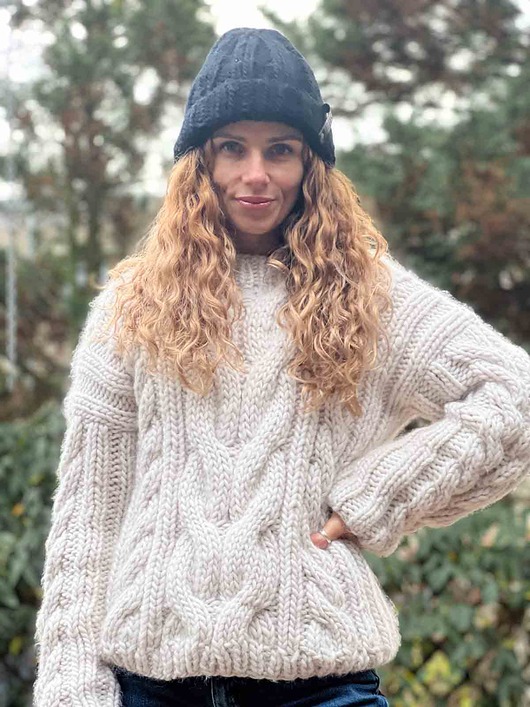 Sweter warkoczowy na drutach 100% MERYNOS