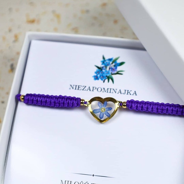 Pleciona bransoletka serce z kwiatem Niezapominajki ciemny fiolet
