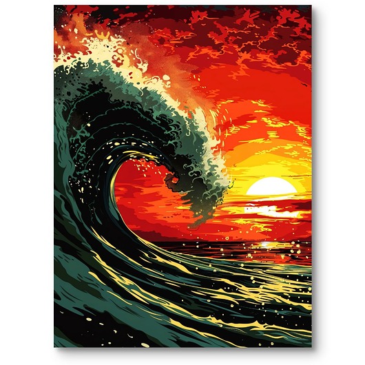 Plakat zachód słońca z morzem dynamiczna fala do salonu czerwono-żółty