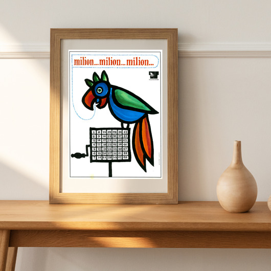 Plakat Oprawiona reklama Totalizatora Sportowego z papugą, lata 70te