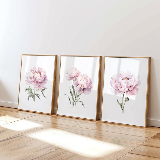 Pastelowe Różowe Piwonie - Zestaw trzech grafik botanicznych