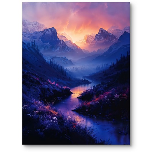 Plakat krajobraz górski do salonu spokojny zachód słońca fioletowy