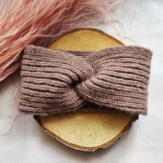 Modna wełniana opaska na głowę z wiązaniem, wełna z alpaki brudny róż