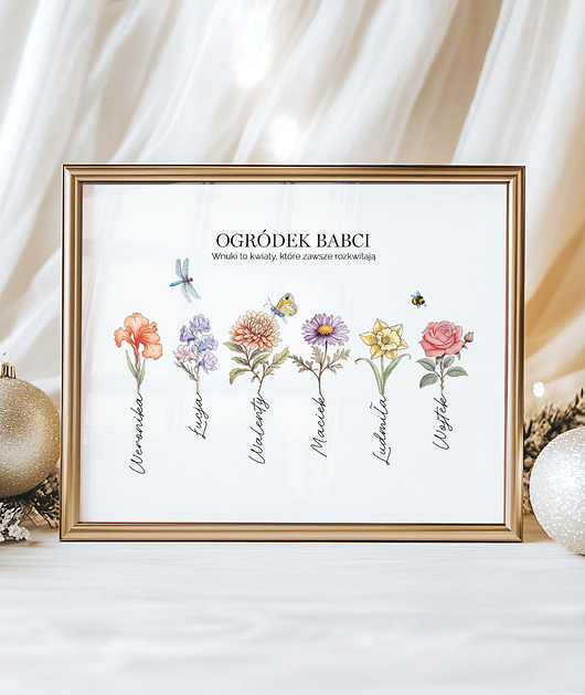 Plakat Kwiaty z Imionami Wnuków - prezent dla Babci