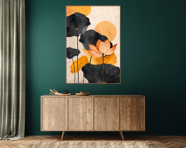 Liście lotusu - Plakat, druk - Chiński Orient, Harmonia Zen, Wabi Sabi #114