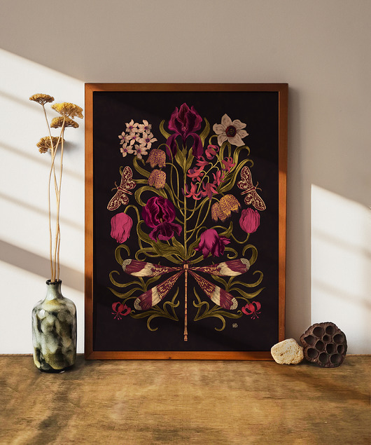 Kwiaty i ważka, plakat botaniczny, plakat kwiaty, plakat ważka
