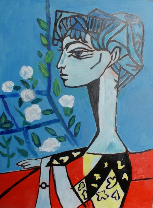 Kolorowy obraz olejny do salonu Pablo Picasso Jacqueline z kwiatami