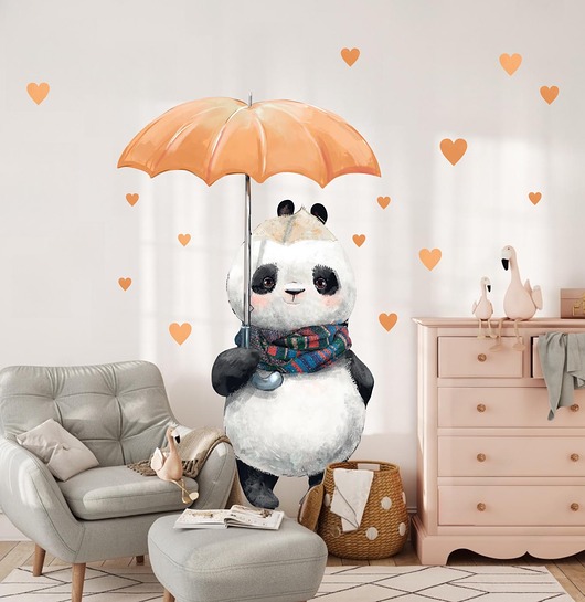 Panda z parasolką, serduszka - Naklejka na ścianę, Naklejka ścienna