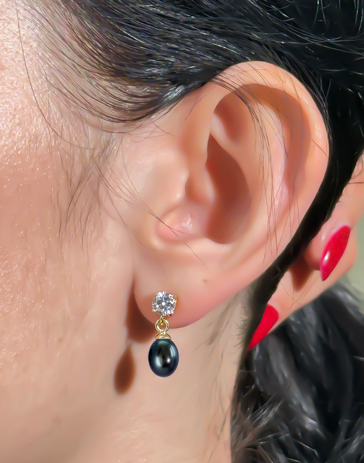 Kolczyki srebrne pozłacane cyrkonia z czarną perłą naturalną