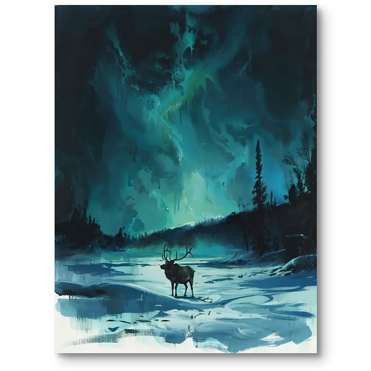 Obraz do salonu nocny krajobraz renifer realizm niebiesko-biały