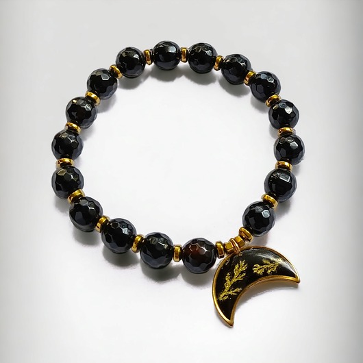 Bransoletka : lunula ze złotymi roślinkami : agat : GOLDEN FLORA