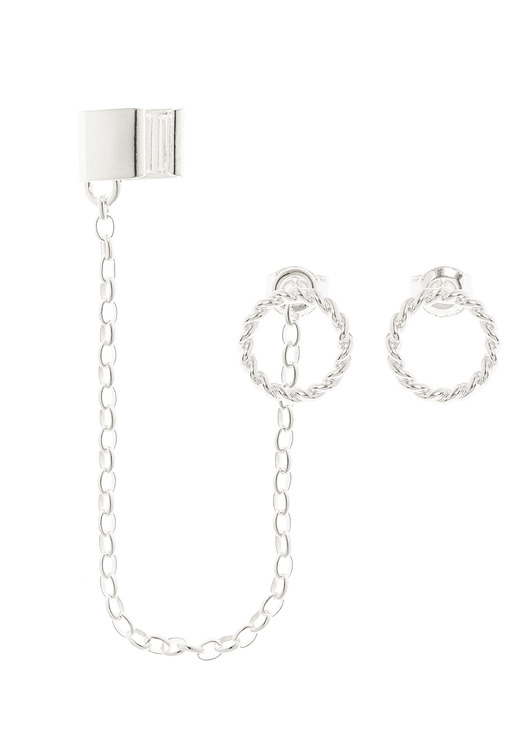 Srebrna nausznica z łańcuszkiem i kolczykami obręczami