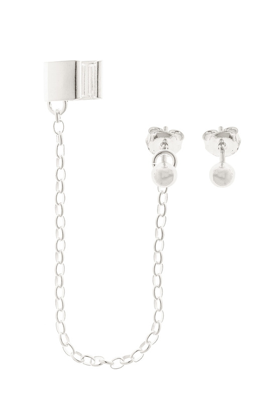 Srebrna nausznica z łańcuszkiem i kolczykami kuleczkami