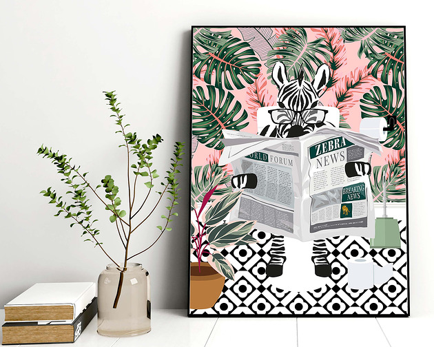 Plakat Zebra w różowym ogrodzie