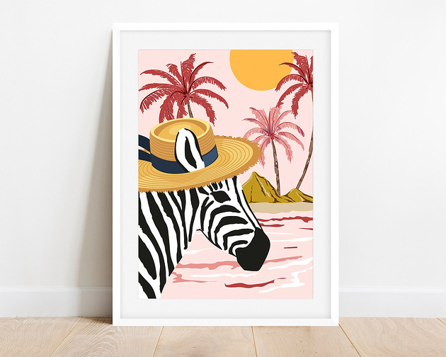 Plakat Zebra w kapeluszu na tropikach