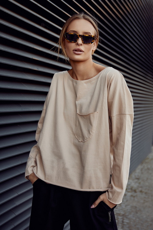 Koszulka longsleeve Z KIESZONKĄ bawełniana beżowa