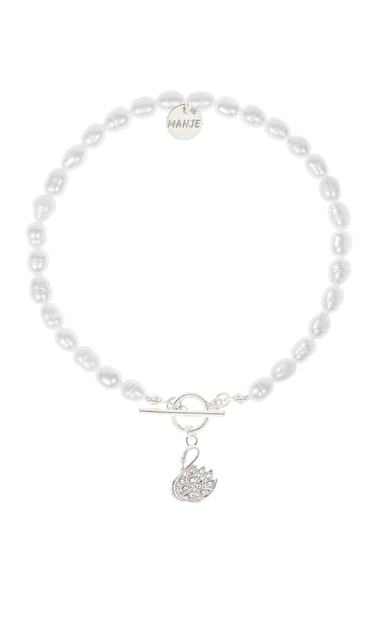 Bransoletka z pereł ze srebrnym łabędziem i kryształkami