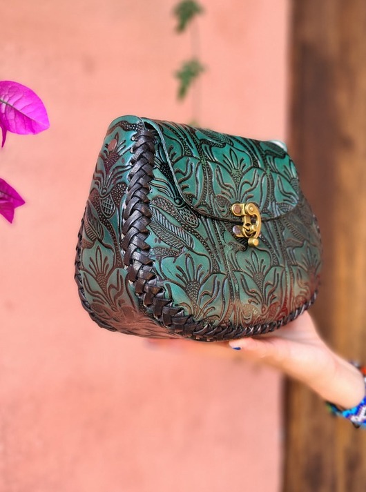 Torebka skórzana Julia ciemnozielona kwiaty ręcznie robiona