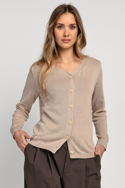 Klasyczny zapinany kardigan z bawełny organicznej i kaszmiru F1979 beżowy