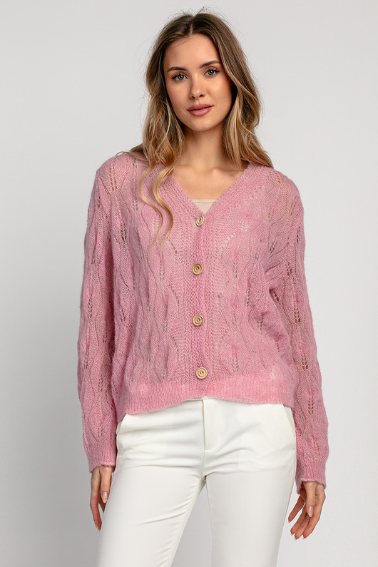 Delikatny kardigan mgiełka z wełny alpaki F1967 różowy