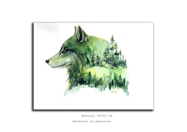Wilk. Góry. Las. Obraz ręcznie malowany pejzaż
