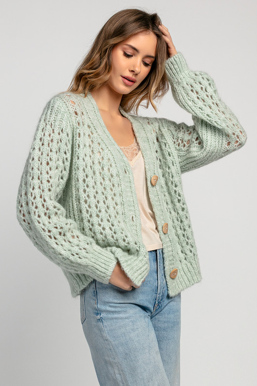 Krótki zapinany moherowy kardigan F1973 pistacja
