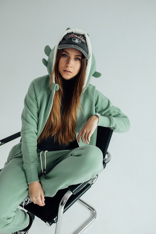 Bluza damska z kapturem z uszami smoka zielona